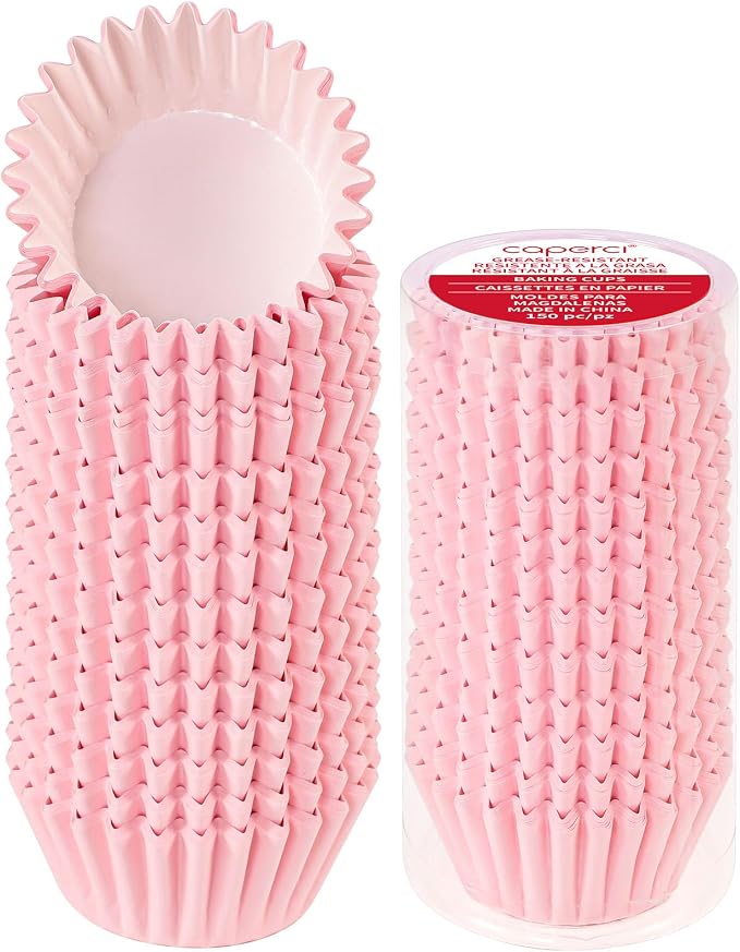 Caperci Grease-Resistant Standard Pink Cupcake Liners 150 Counts - Heavy Duty Paper Muffin Baking Cups, Odorless, No Muffin Pan Needed, Easily Peels (Pink) by Caperci