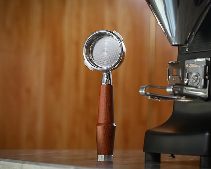 58mm Gaggia Espresso Accessories Kit –Rosewood Naked Portafilter, Auto-Level Espresso Press, Ground Distribution Tool, Wooden Barista Holder & Coffee Puck Knock Bin