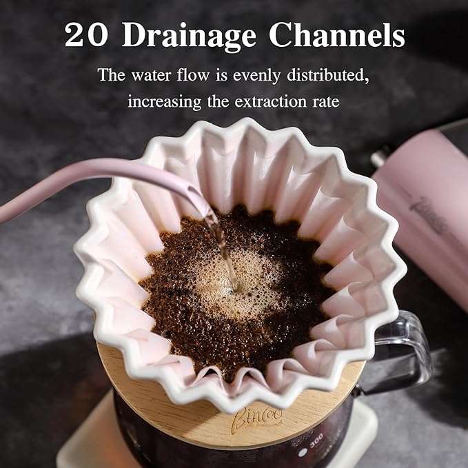 Bincoo Ceramic Coffee Dripper,Pour Over Coffee Dripper with Wood Stand, Flower-shape for 1-2 Cups Slow Brewing Maker for Home Cafe (Purple)