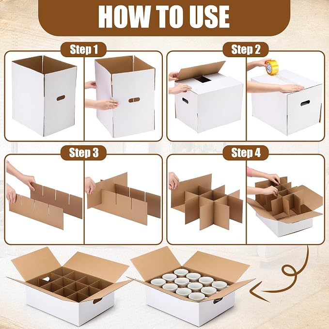 MotiMind 2 Sets Mug Moving Boxes with Divider Kits 17 x 13 x 6 Inches Mug Packing Shipping Box Kitchen Moving Boxes Storage Carrier with 18 Pcs Foam Pouches and Handles for Glasses Cup Wine Packing - Image 5