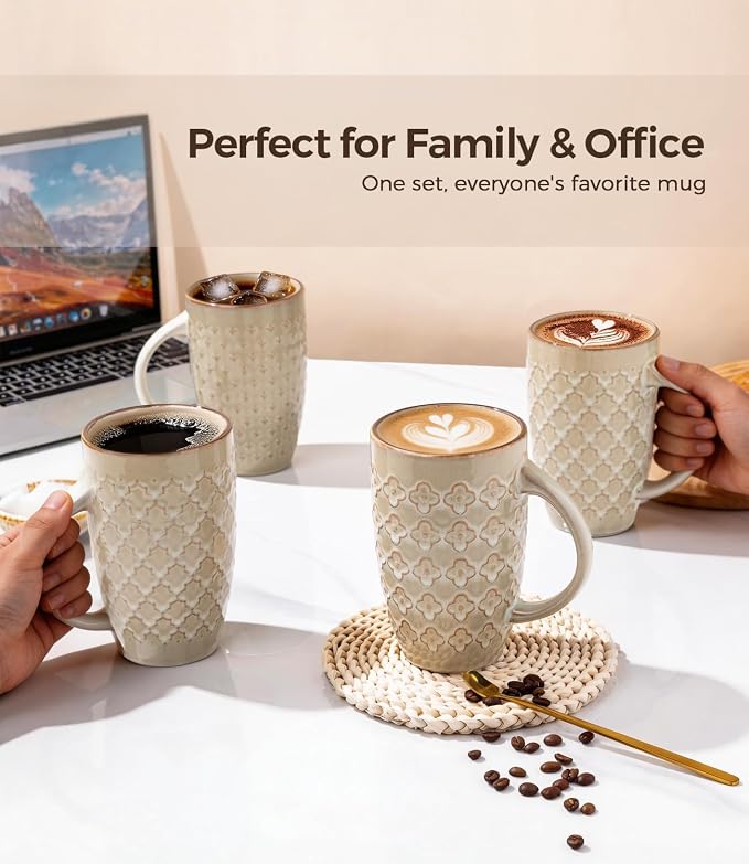 AmorArc Large Coffee Mugs Set of 6, 20oz Tall Coffee Mugs Set | with Texture Patterns for Cappuccino, Latte,Hot Cocoa, Dishwasher & Microwave Safe-Pale Khaki - Image 6