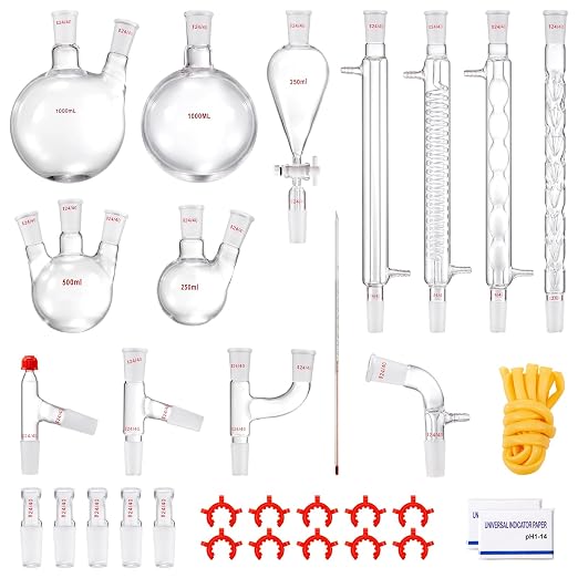 VEVOR Lab Distillation Kit, 3.3 Boro Lab Glassware Distillation Kit with 24, 40 Joint, 1000ml Essential Oil Distillation Apparatus Kit, 32 pcs Set of Glassware Equipment by VEVOR
