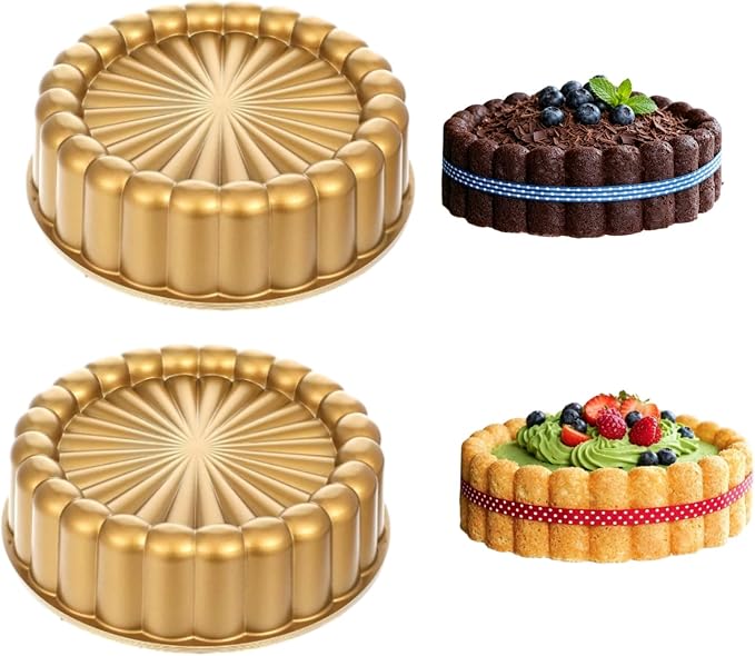 Charlotte Cake Pan Set of 2, 9.45Inch Nonstick Aluminium Ladyfinger Cake Mold for Baking, Gold Round Baking Pan for Tiramisu, Shortcake, Mousse and Cheesecake, Food-Grade Bakeware for Home Baking by CiCixixi