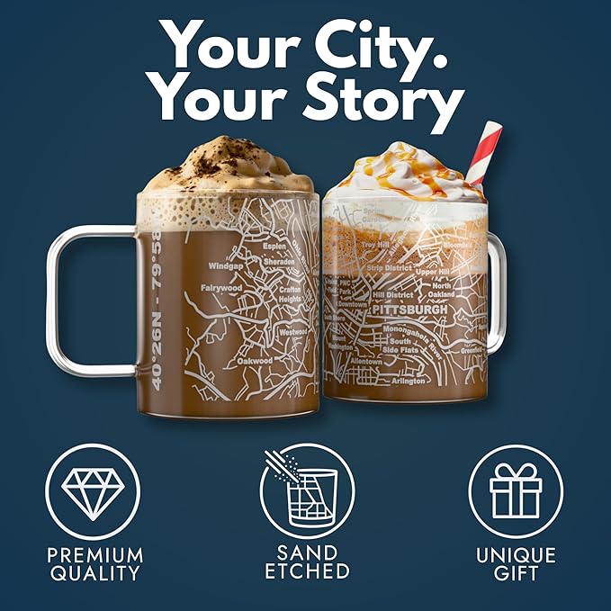 Greenline Goods – Pittsburgh, PA Map Glass Coffee Mugs (Set of 2), 16 oz – Etched Wrap Design