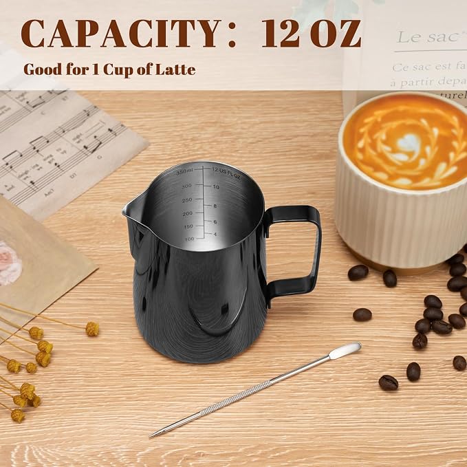 Amrules Milk Frothing Pitcher, 12 oz Milk Frother Cup with Clear Scale, 304 Stainless Steel Cappuccino Espresso Machine Accessories for Barista Coffee Bar with Latte Art Pen, Bright Black - Image 4