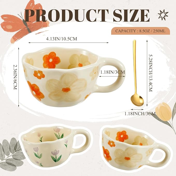 Vesici 2 Pcs Ceramic Coffee Mugs with Spoon, Vintage Floral Spring Mugs with Handle, 8.5 oz Aesthetic Flower Porcelain Tea Cup Set, Dishwasher & Microwave Safe Mothers Day Gifts for Mom(Charming) - Image 2