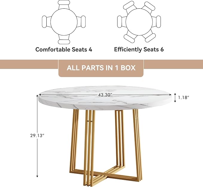 Round Dining Table for 4, 43.3-Inch Faux Marble Kitchen Table, Modern Circle Dinner Table with Metal Base for Dining Room, Kitchen, Breakfast Nook, Apartment, Small Spaces, White and Gold - Image 2