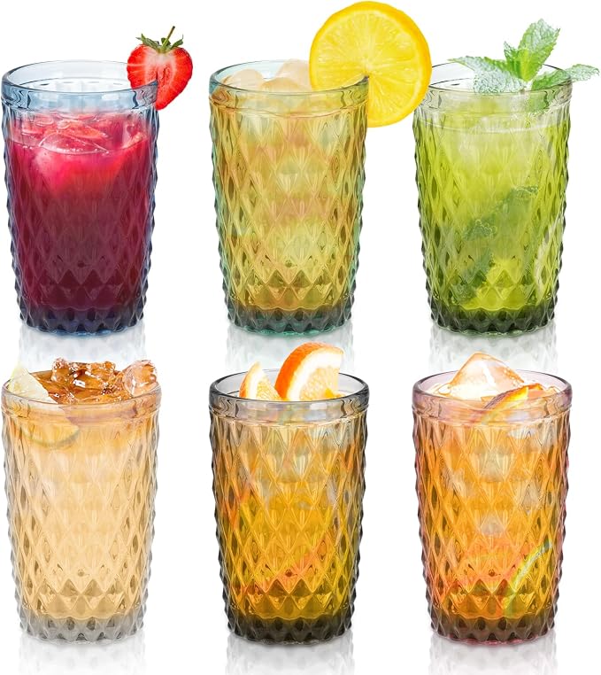 Topsky Highball Drinking Glasses Set of 6,12 oz Colored Glassware with Geometric Diamond Pattern,Embossed Diamond Tumblers,Blue Vintage Glassware Set for Beer,Juice,Cocktail - Image 6