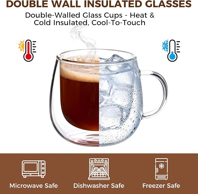 Double Wall Glass Coffee Mugs 10 Oz with Handle - Set of 4 | Insulated Clear Espresso Coffee Mug with Handle, Double Walled Coffee Cups for Cappuccino, Latte, Tea, Hot Drinks - Image 3