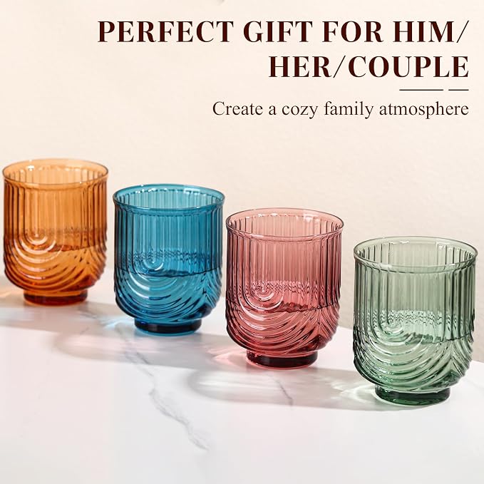 Colored Vintage Drinking Glasses Set of 6-15oz Hand-Blown Highball Ribbed Glassware, Arch Design Cocktail Glasses for Whiskey Water Beverages Ice Coffee Juice Milk - Image 7