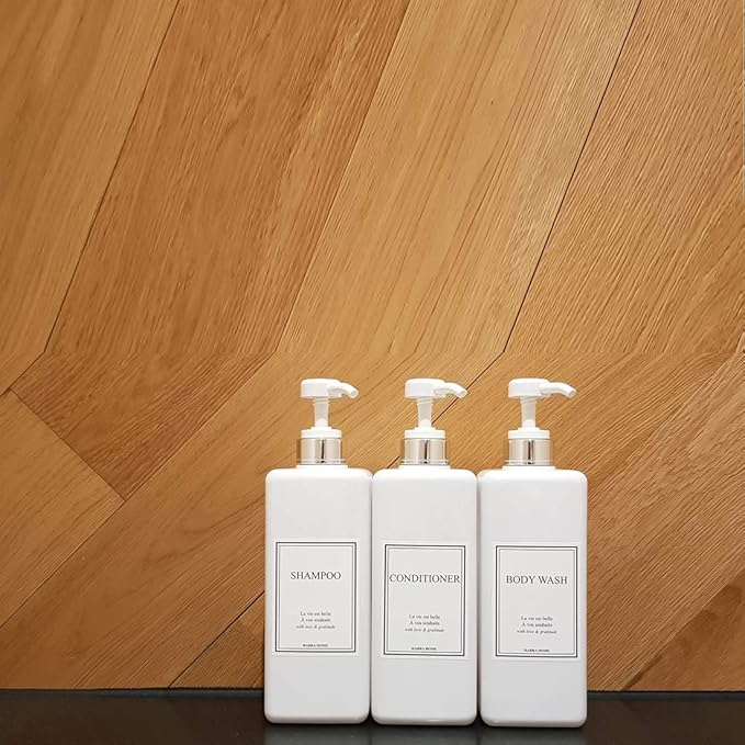 Modern Design Large 27 oz Shampoo and Conditioner Dispensers - Empty Plastic Refillable Pump Bottle Set for Bathroom Shower Soap Dispenser, Gift Box Included, Set of 3, (White & Silver)