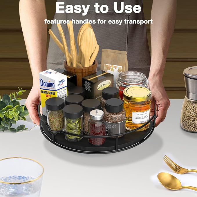 Lazy Susan Turntable Organizer with Anti-Slip Mat for Cabinet Pantry Kitchen Countertop Refrigerator Office, Pine Wood, 10", Black - Image 7