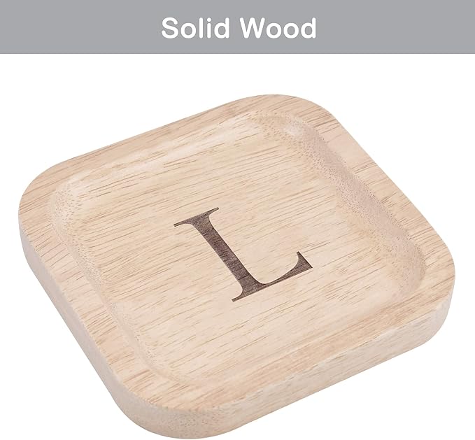 I'm Wooden Personalized Letter Catchall Valet Tray Trinket Dish Jewelry Tray Key Bowl Decorative Plate Organizing Ring Earrings Necklaces Bracelet Watch Coins Wallet Holder (6"x6" Sq Natural L)