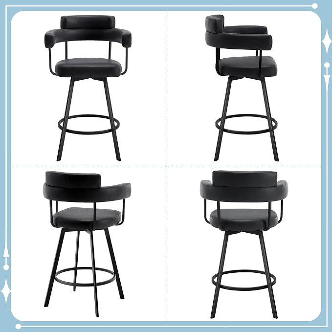 Flouki Swivel Bar Stools with Backs and Arms, Modern Faux Leather Counter Stools Set of 4 for Kitchen Island, 26" Upholstered Counter Height Bar Stools for Kitchen Counter, Dining Room, Black - Image 6