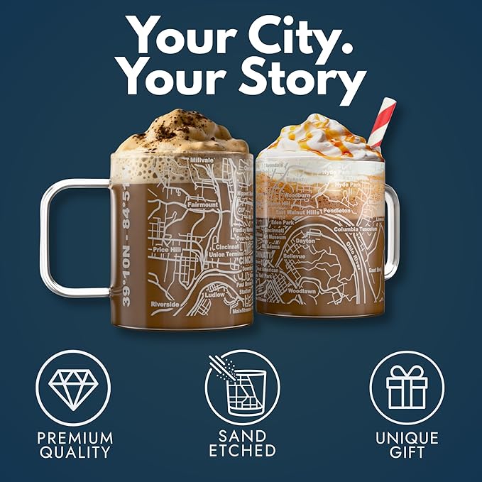 Greenline Goods – Cincinnati, OH Map Glass Coffee Mugs (Set of 2), 16 oz – Etched Wrap Design