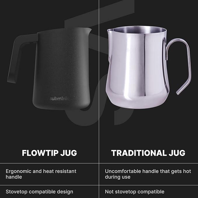 Subminimal FlowTip Milk Jug - Stovetop Milk Frothing, Foaming Pitcher for Barista-Style Coffee - Cappuccino & Latte Art Pouring Jug with Heat Resistant Handle - Coffee Lover Gifts - 450ml, Black