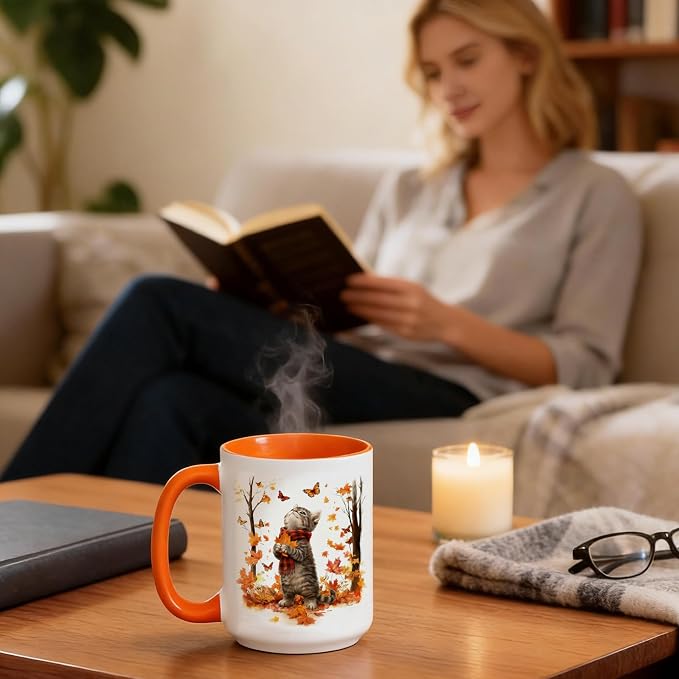 Cat Mug for Cat Lovers, Cute Kitten Fall Coffee Mugs, White, 15oz | Ceramic, Maple Leaf Tea Cup with Orange Handle, Ideal for Hot & Cold Drinks, Fun Novelty Gift for Women, Coworkers - Image 6