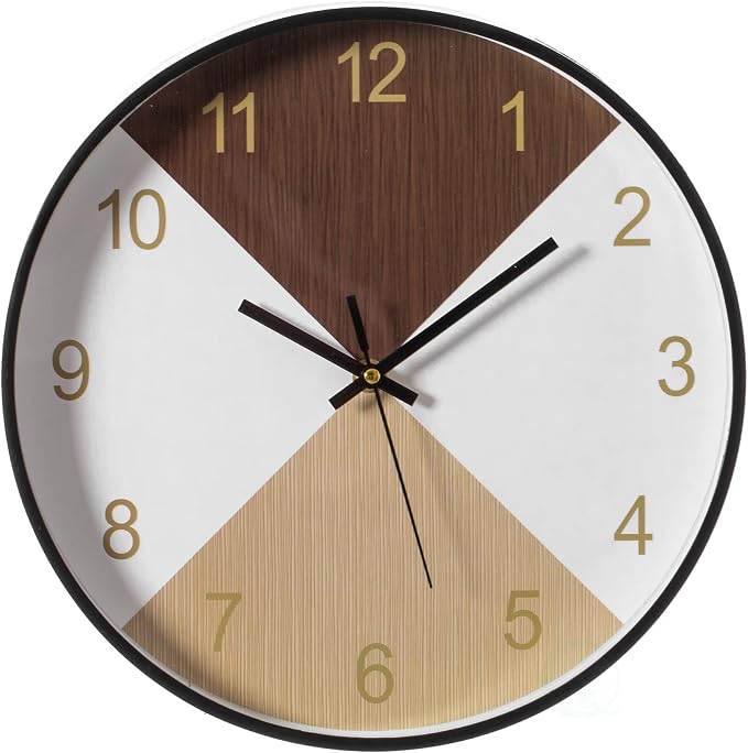 Decorative Modern Round Wood- Looking Plastic Wall Clock for Living Room, Kitchen, or Dining Room, Brown and Beige by Clockswise