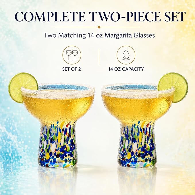 Large Stemless Hand Blown Confetti Margarita Glasses - 14 oz - Set of 2 | Colorful Artisan Glassware, Perfect for Margaritas, Martinis, Wine, Cocktails & Champagne, Great for Cinco de Mayo & Parties - Image 5