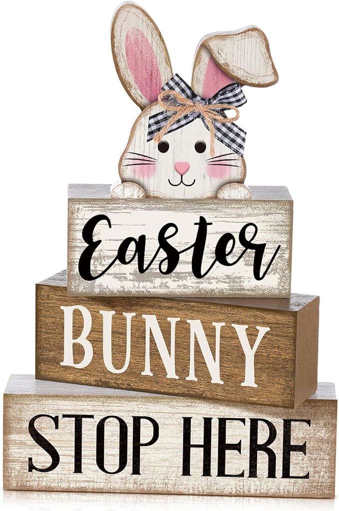 Moucuny 4 Pcs Easter Bunny Table Decoration Stacked Wooden Bunny Block Decor 3-tier Tabletop Sign with 3D Rabbit, Rustic Farmhouse Easter Decorations for Home Egg Hunt Party Centerpiece Gift by Moucuny