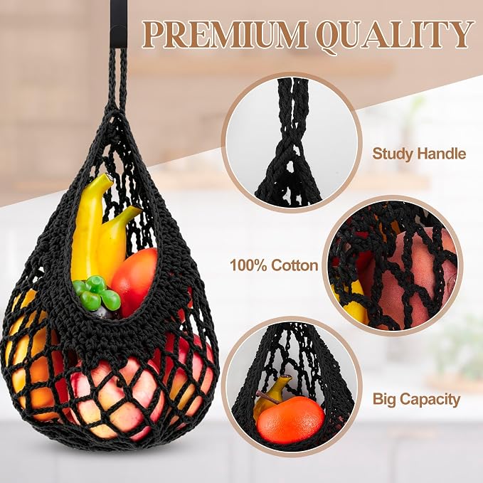 Honeydak Boho Decor Hanging Wall Baskets for Kitchen 3 Pack Teardrop Baskets with Hooks Storage Fruit Onion Vegetable Potato for Home(Black,Crochet,Cotton Rope) - Image 5