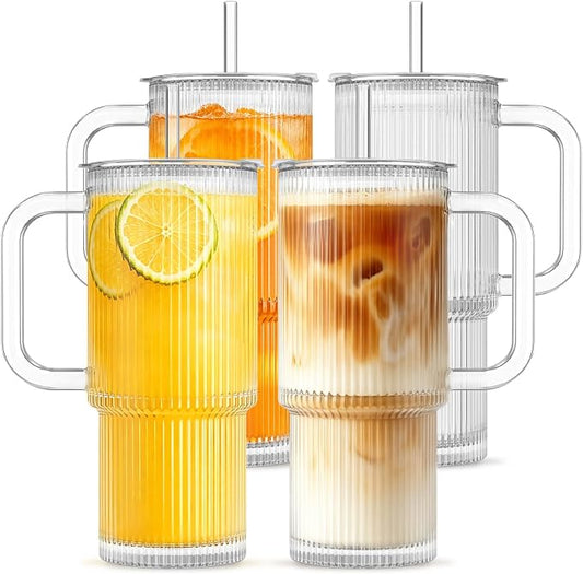 INSETLAN 20oz Ribbed Glass Tumblers with Lids and Handles, 4-Pack Reusable Cups with Glass Straws for Iced Coffee, Smoothies, Matcha, Water, Thick-Walled Drinking Glasses for Daily Use and Travel by INSETLAN