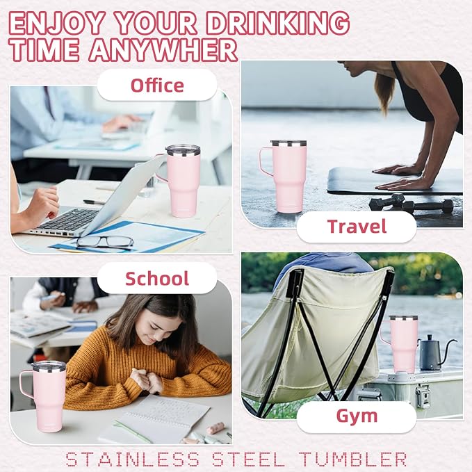 20 oz Insulated Coffee Mug with Ceramic Coating, Stainless Steel Travel Mug Tumbler with Handle Lid and Straw, Double Wall Leak-Proof Coffee Travel Mug Keeps Drink Hot and Cold (Pink) - Image 7
