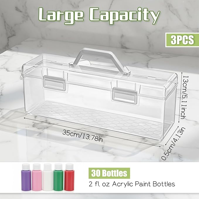 SHENLIU 3 Pcs Acrylic Paint Storage Box, 30 Bottles Capacity Acrylic Paint Organizer for 2 fl. oz Bottles, Plastic Portable Craft Art Organizer with Handle Art Supply Clear Boxes