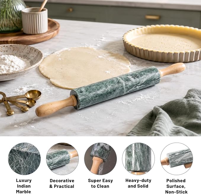Natural Green Marble Rolling Pin, Non-Stick Polished Dough Roller, Pasta, Dumpling, Fondant, Pie Crust, Bread, Pizza Dough, Kitchen Baking Pastry Tools - Image 3