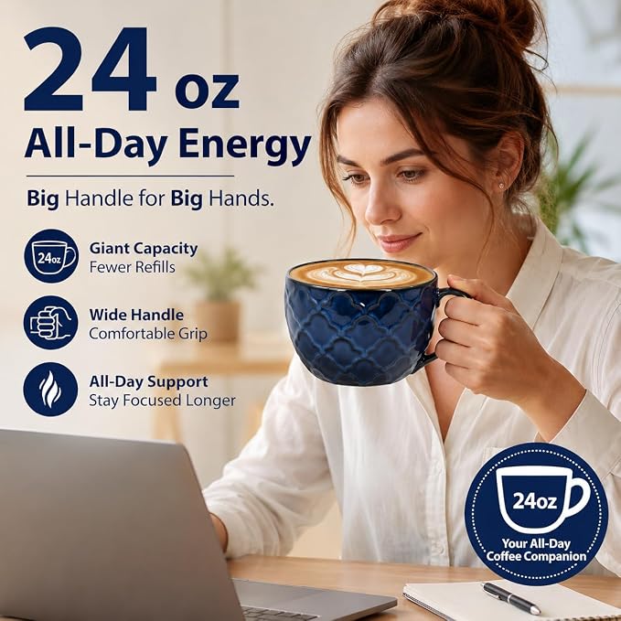 24 oz Large Coffee Mug, Ceramic Coffee Mugs with Handles, Soup Bowl, Blue | Big Coffee Mug for Hot Chocolate, Cappuccino, Soup, Oatmeal, Ramen, Microwave & Dishwasher Safe, Coffee Cups Large Soup Bowl - Image 2