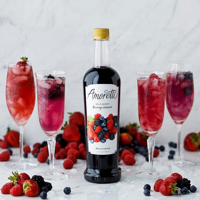Amoretti - Wild Berry Infusion Drink Mix & Water Enhancer with Pump for Flavoring Cocktails, Waters, Tea, and other Beverages, 94 Servings Per Bottle (750 ml), Preservative Free