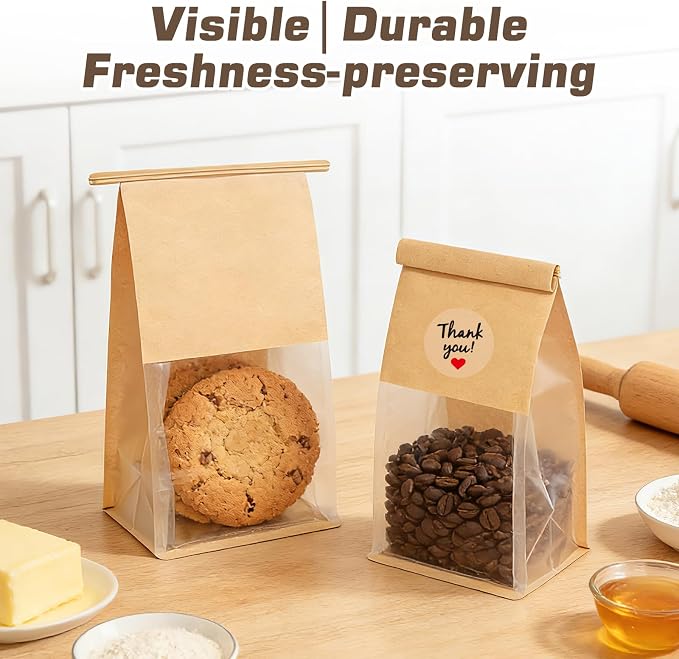 30 Pcs Cookie Bags with Seal & Tin Tie Lock, 8.2x3.9x3.1 Inch Bread Bags with Clear Window Resealable Bagel Bags for Cookies, Muffins, Candies, Snacks – 36 Stickers Included - Image 4