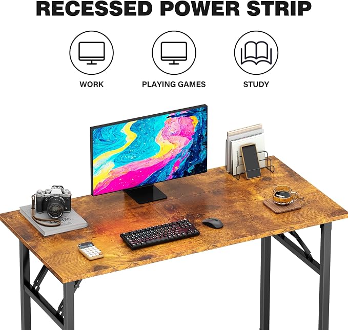 DlandHome 39.4 Inch Small Folding Computer Desk for Home Office, Retro | Foldable Writing Table for Small Spaces Bedroom, No Assembly Required, Wood Top Metal Frame, Collapsible Compact Easy Storage - Image 4