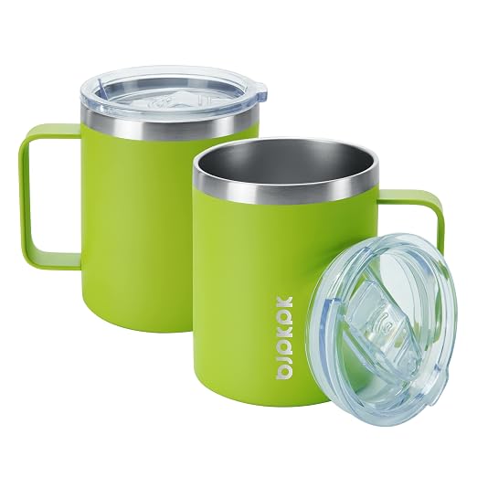 BJPKPK 2PCS Insulated Coffee Mug with Lid, 14oz Stainless Steel Tumbler | Travel Coffee Mug with Handle, Vacuum Insulated Tumbler Cup for Camping, Office, Home, BPA Free Lid, Hot & Cold by BJPKPK