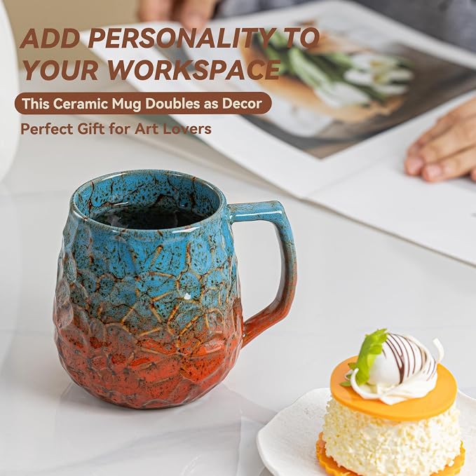 18oz Unique Blue & Orange Kiln-Change Ceramic Coffee Mug, Handcrafted Hammered Texture Ceramic Mug with Ergonomic Handle, Microwave & Dishwasher Safe, Gift for Coffee Lovers, Home Office Daily Use - Image 5