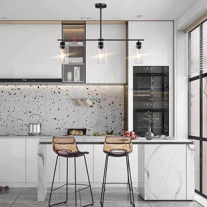 Kitchen Island Lighting, 3 Lights Linear Chandeliers Rectangle Pendant Light Fixtures for Dining Room Farmhouse Hanging Light with Glass Shades(Black) - Image 8