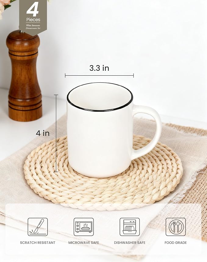 OTAGO Coffee Mugs for 4, 12 oz Mug Set, Dringking Cup with Handle for Coffee, Tea, Cocoa, Milk, Black Rim - Image 3