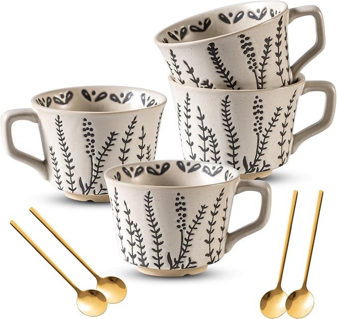 Ceramic Latte Mug Set of 4 with Gold Spoon, 11 Ounce Porcelain Cups for Latte, Hot Tea, Cappuccino, Mocha, Cocoa, Housewarming Wedding Present Gifts for Men Women Dishwasher Microwave Safe by Noevany