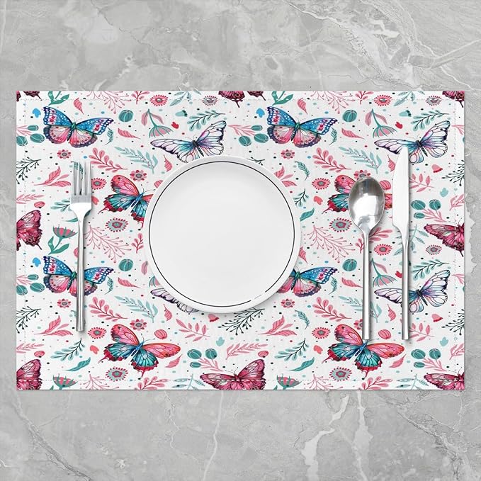 Feelyou Butterfly Table Place Mats, 18"x12" Girl Butterfly Floral Placemats Set of 4 for Beautiful Butterfly Placemat for Kitchen Dining Table Decor Indoor Outdoor Floral Botanical - Image 2
