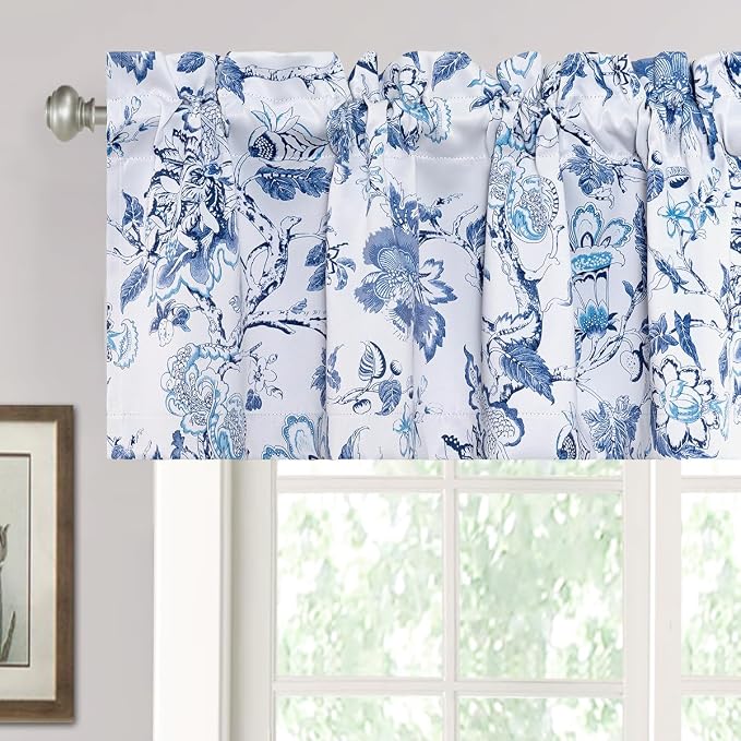 H.VERSAILTEX Blackout Curtain Valances for Kitchen Window/Living Room/Bathroom Privacy Added Rod Pocket Home Decoration Winow Valance, 52" W x 18" L, Flroal in Blue and White by HVERSAILTEX