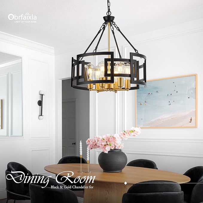 Modern 19.7" Black Gold Chandelier for Dining Room Industrial Vintage Semi Flush Mount 6-Light Round Pendant Ceiling Light Fixture for Kitchen Bedroom Living Room Hallway Entryway Foyer - Image 3