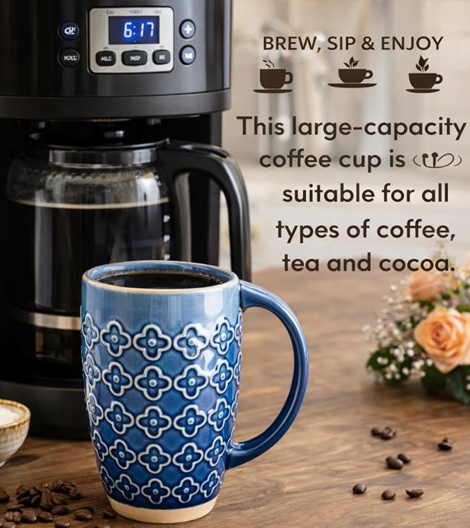 GBhome 20oz Large Coffee Mugs Set of 6, Handmade Tall Ceramic Coffee Mugs with Texture Patterns for Cappuccino, Latte,Hot Cocoa, Dishwasher & Microwave Safe-Moonlight Blue - Image 4