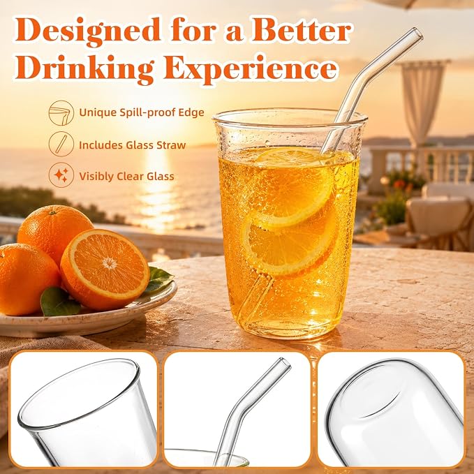 6 Pieces Drinking Glasses with Straw, 16 Oz Clear Water Glass Set | Lead-free Highball Glass Cup Kitchen Glassware for Juice, Beverage, Cocktail, Ice Tea, Coffee, Soda - Image 4