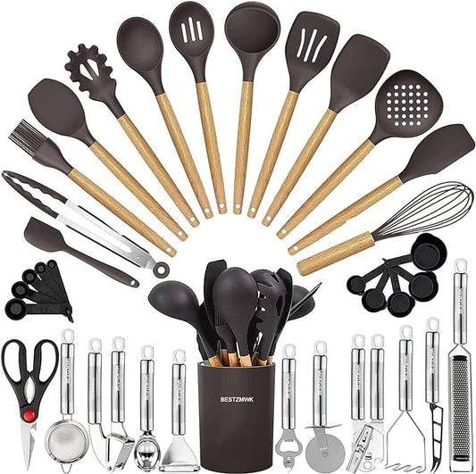 Cooking Utensils Set- 35 PCs Kitchen Utensils with Grater,Tongs, Spoon Spatula &Turner Made of Heat Resistant Food Grade Silicone and Wooden Handles Kitchen Gadgets Tools Set for Cookware by BESTZMWK