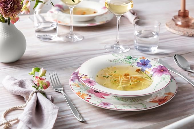 Villeroy & Boch Mariefleur Basic Rim Soup, 9 in, Premium Porcelain, White/Multicolored | White multicolor porcelain soup plate, made in Germany, dishwasher and microwave safe, drip-free serving for soup - Image 3