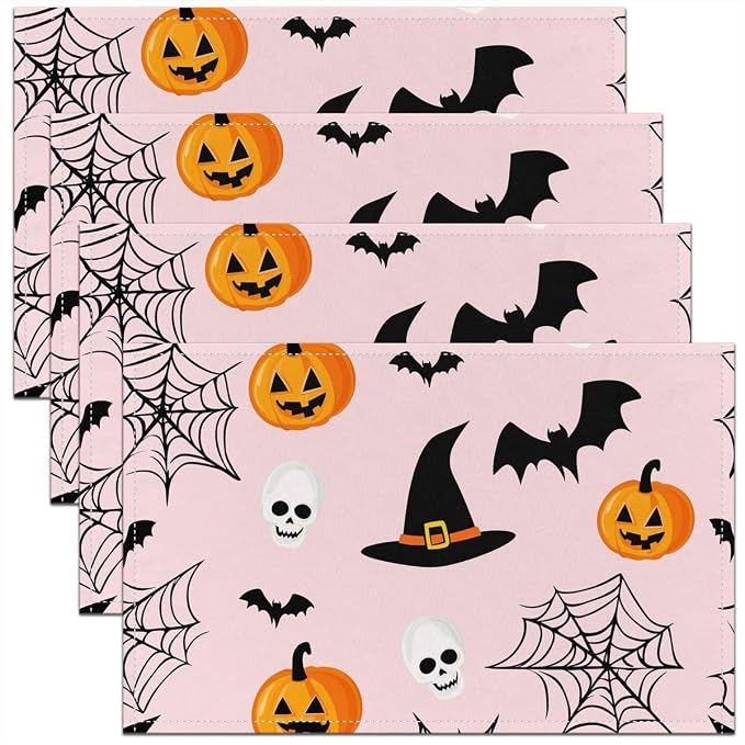 Feelyou Happy Halloween Placemats Set of 4 Pumpkin Lantern Skull Table Mats for Party Kitchen Dining Decoration Holiday Seasonal Pink Orange White Place Mat for Dinner Table Indoor Outdoor 18"x12" by Feelyou