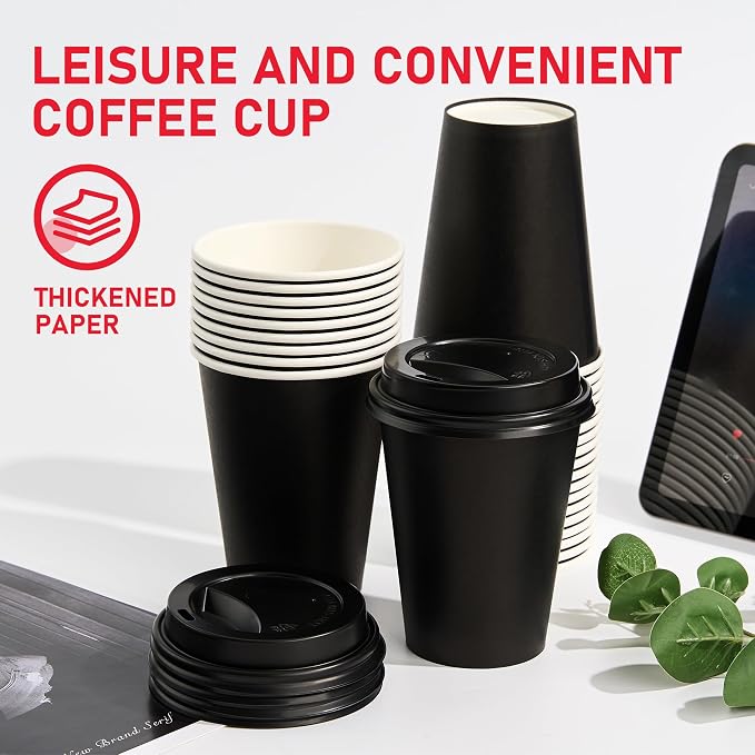 12 oz Paper Coffee Cups with Lids 100 Pack, Black Disposable Hot Coffee Cups with Lids, To Go Cups, for Parties, Picnic, Travel, and Events - Image 2