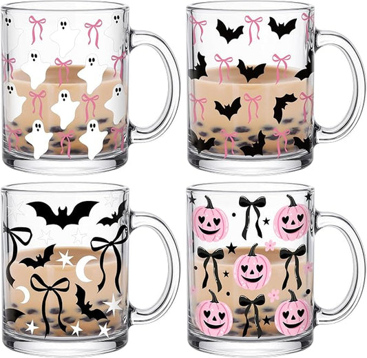 Tioncy 4 Pcs Halloween Coffee Mugs 12 oz Pink Pumpkin Glass Cups with Handle Pink Bow Coffee Cup Cute Ghost Bat Gifts Drinking Containers for Halloween Holiday Party Drinkware Accessories by Tioncy