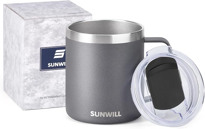 SUNWILL Travel Coffee Mug with Lid, Insulated Tumbler with Handle, 14 oz Stainless Steel Cup for Ice, Water, Tea, Cool Grey - Image 5