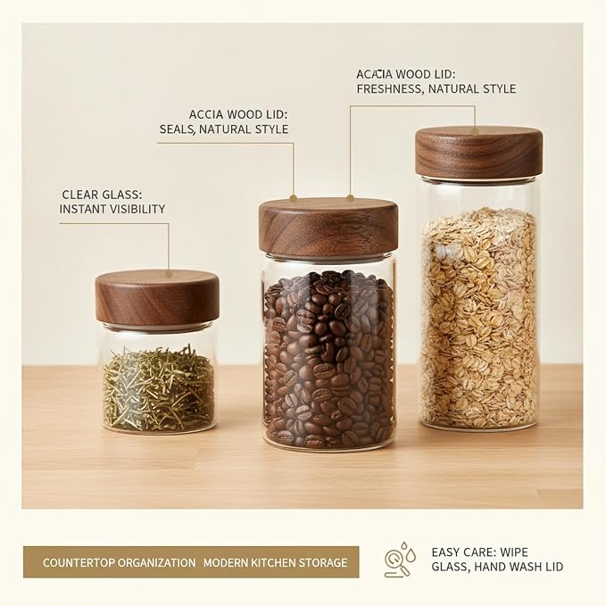 Clear Glass Storage Jar with Acacia Wood Lid - Kitchen Canister for Pantry Organization, Countertop Display, and Dry Food Storage - Image 5
